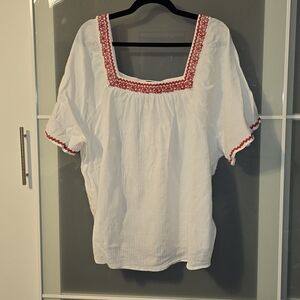ellos White Peasant Blouse with Red Embroidered Square Neck